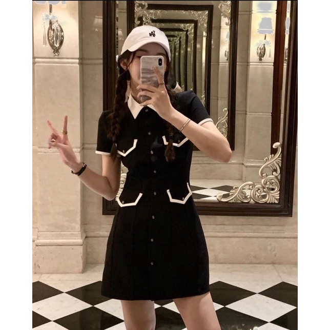 ĐẦM l ĐEN CỔ SƠ MI VIỀN TRẮNG TÚI NẮP