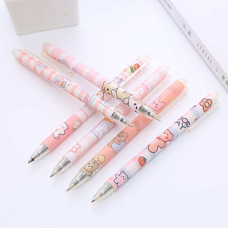 Bút gel mực đen ngòi 0.5mm Gấu hoạt hình cute Bukavn Viết gel bấm màu hồng đáng yêu BDC