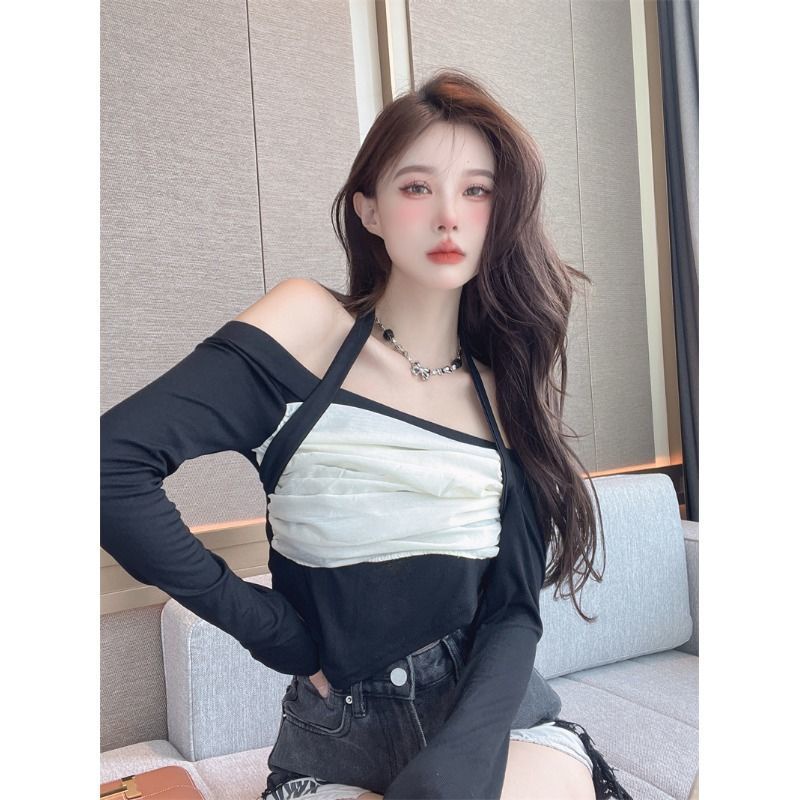 Jiashucheng Áo Thun Trễ Vai Phối Lưới Thiết Kế Độc Đáo