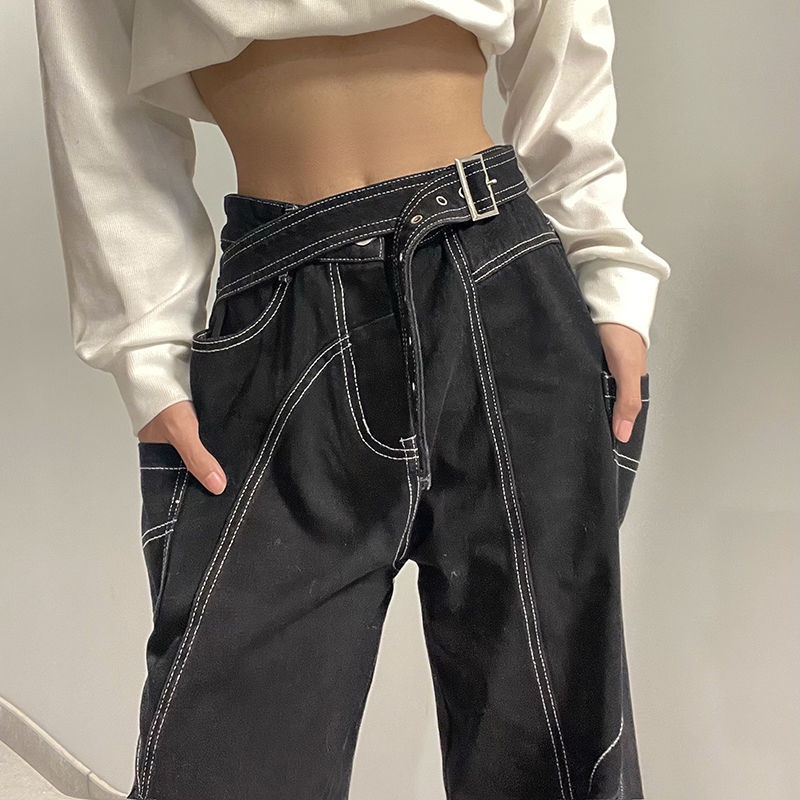 ♚♀♟Iamhotty Quần Jean Dài Thẳng Cài Nút Thắt Lưng Phong Cách Đường Phố Cá Tính Đường Phố Thông Thường Cho Nữ