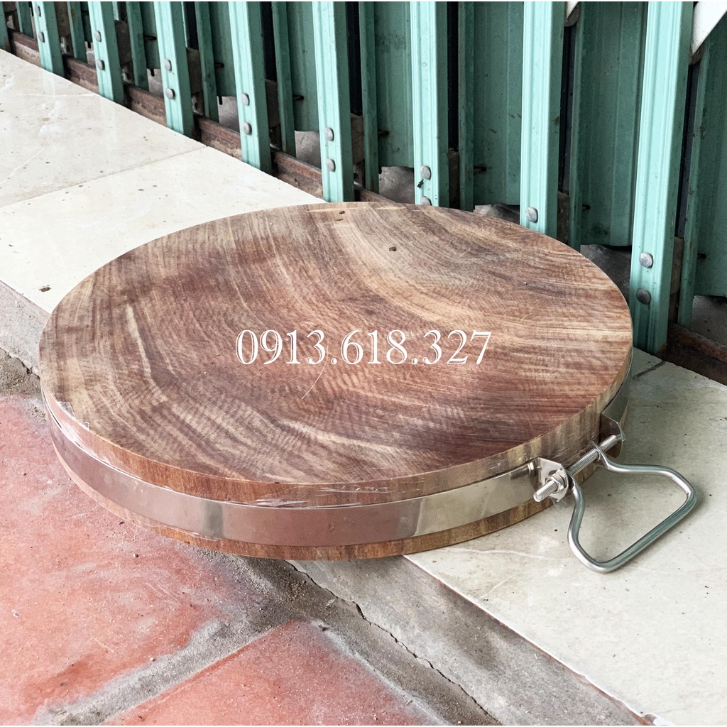 Thớt kèm đai inox gỗ nghiến,thớt băm chặt gia đình không tâm nguyên khối loại tròn nhiều cỡ
