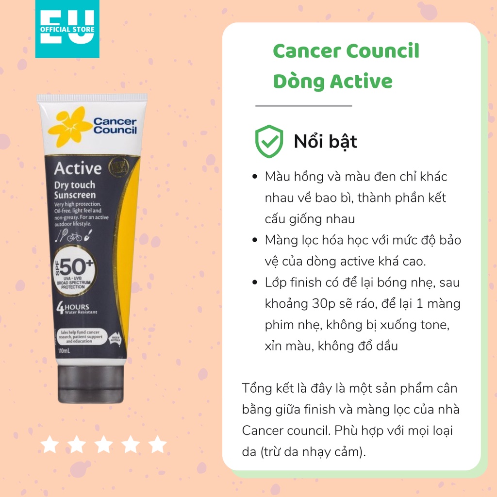 Kem chống nắng Cancer Council Active SPF 50+/ PA ++++