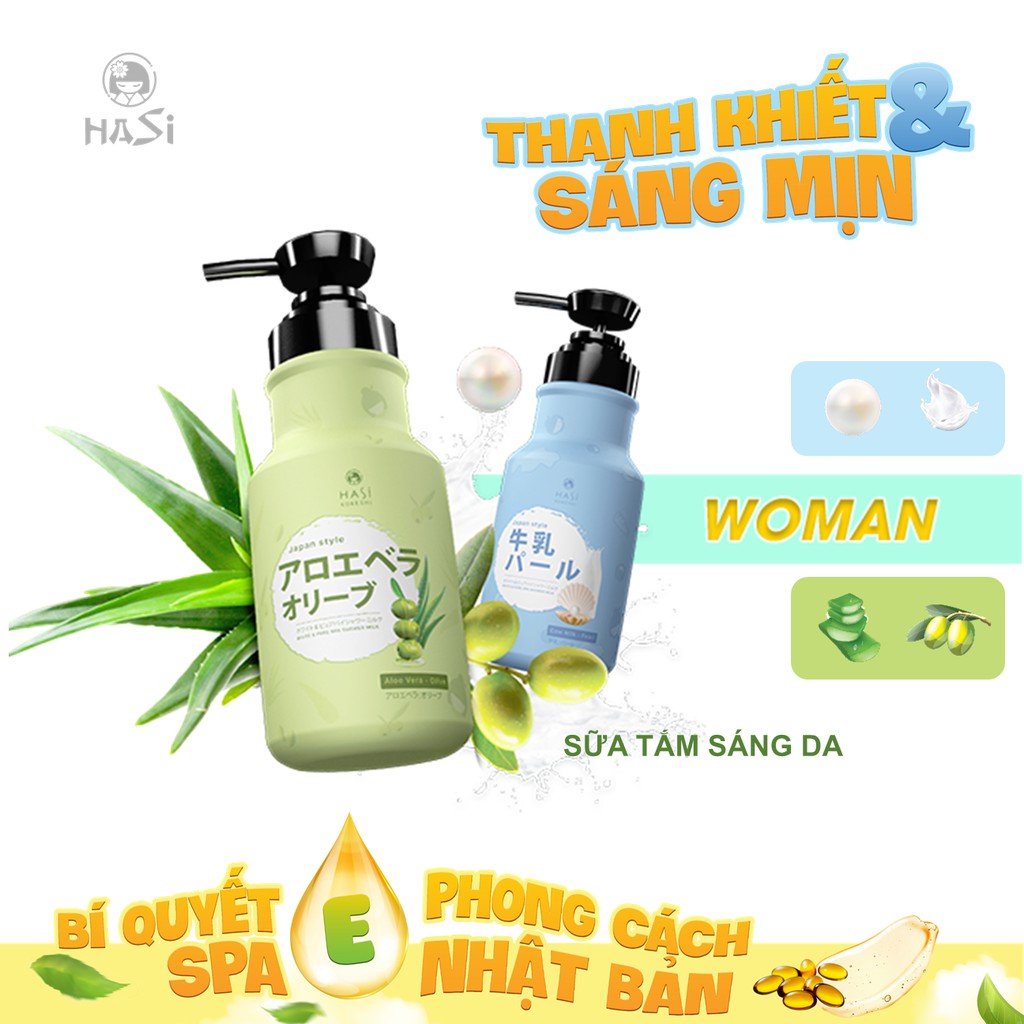 Sữa Tắm DƯỠNG ẨM VÀ TRẮNG DA HaSi Kokeshi - chiết xuất Nha Đam &amp; Olive