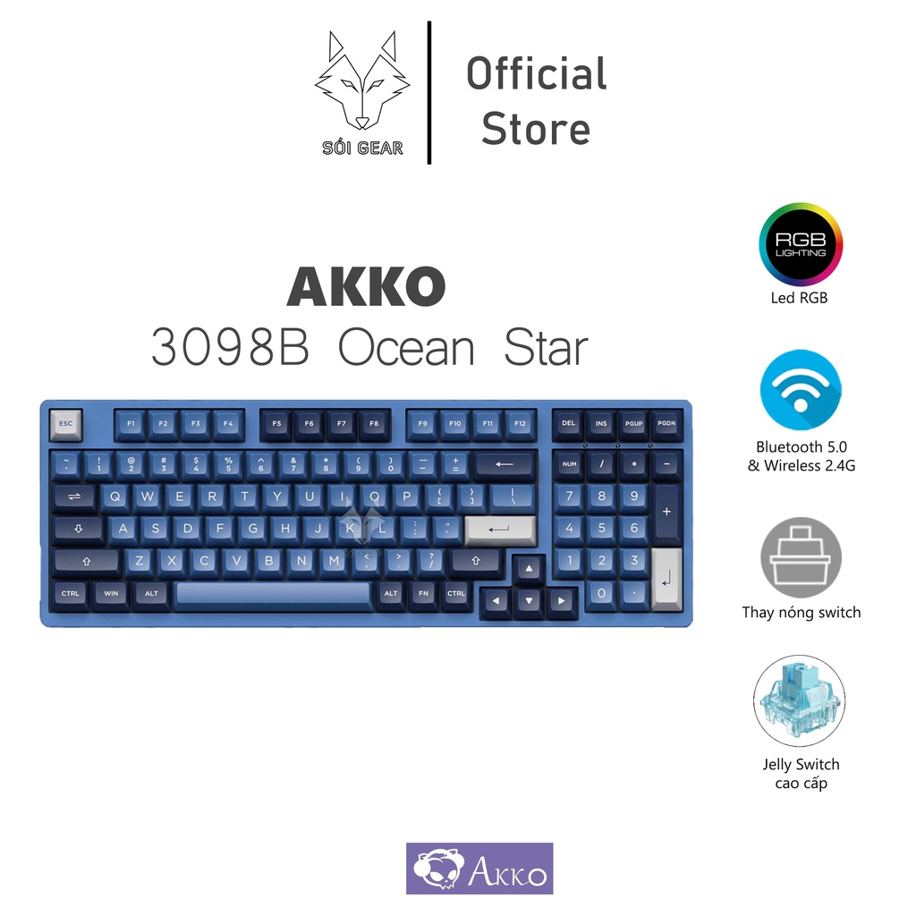 Bàn phím cơ không dây AKKO 3098B Multi-modes Ocean Star (Bluetooth 5.0 / Wireless 2.4Ghz / Hotswap / RGB)