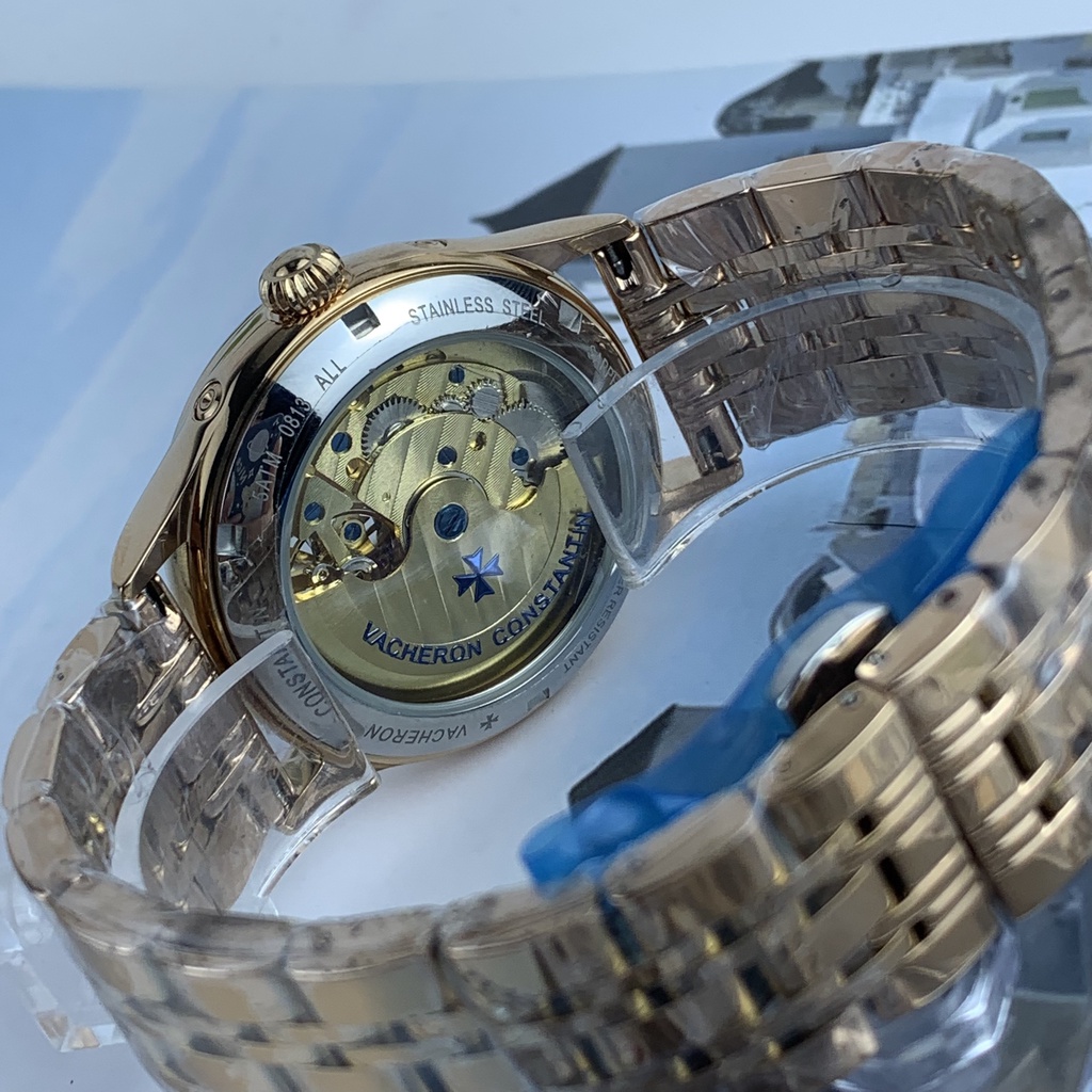 Đồng hồ Nam đồng hồ cơ máy nhật, mẫu 5 kim lộ cơ cánh khế mặt đen viền vàng size 40mm