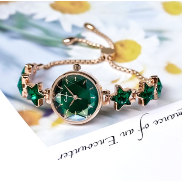Đồng Hồ Nữ Kimio 6328 Hàng Chính Hãng Dây Kim Loại Nhỏ Xinh Lắc Sao - Màu Xanh Rêu