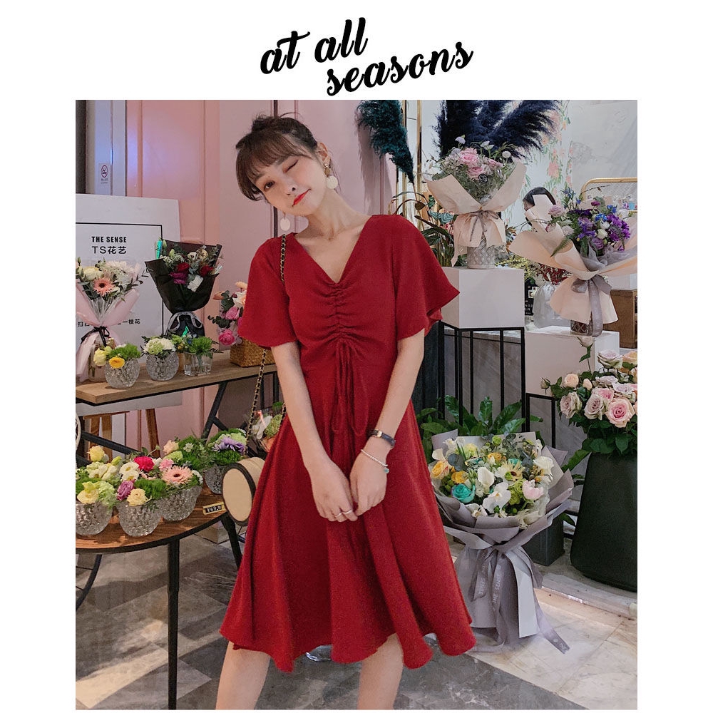 Đầm nữ dáng chữ A cổ chữ V dáng midi phong cách thời trang Hàn Quốc độc đáo
