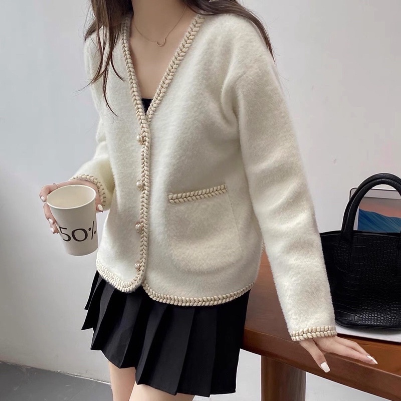Áo khoác cadigan viền dạ 2 túi cúc ngọc