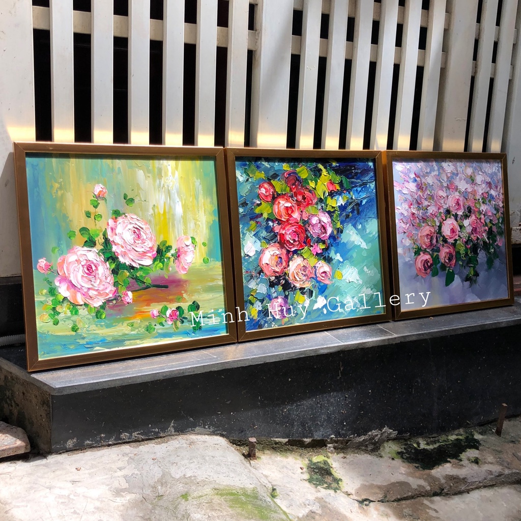 TRANH BỘ TREO CẦU THANG HOA HỒNG - TRANH SƠN DẦU HOẠ SỸ VẼ TAY