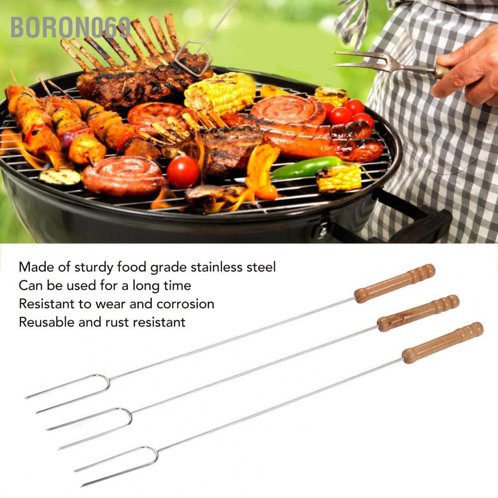Boron069 Boron069 Nĩa nướng 3 cái Thanh bằng thép không gỉ đa chức năng với tay cầm gỗ sồi để cắm trại BBQ ngoài trời 47 2cm