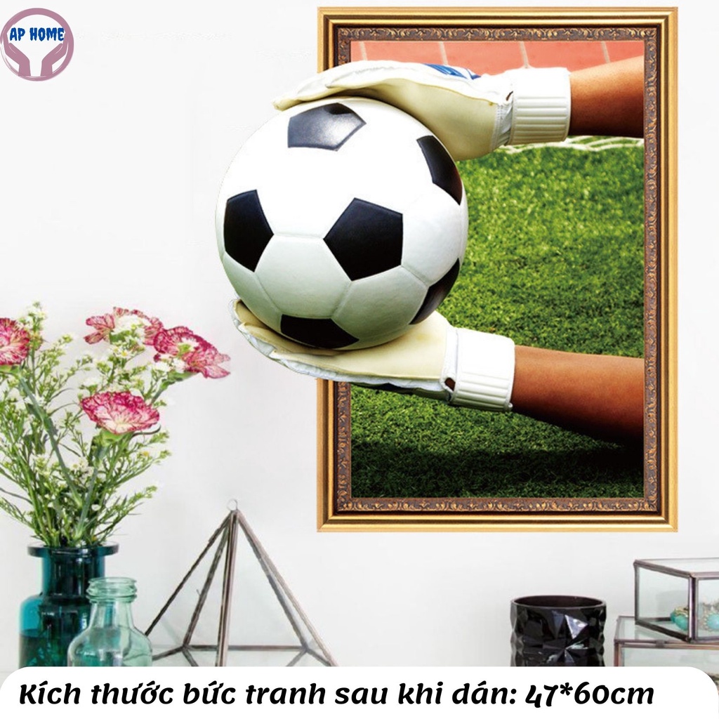 Tranh dán tường 3d trang trí nhà cửa văn phòng decal hình công, bóng đá, giá sách