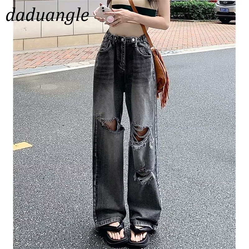 DaDuAngle💕 2022 New Korean Version Ins Trend Retro High Waist Hole Gradient Jeans Street Loose Wide Leg Pants