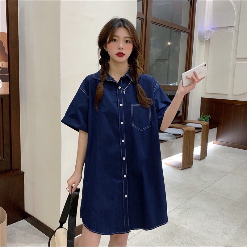 Váy bầu denim sơ mi cổ đức cộc tay kèm dây đai eo tháo rời