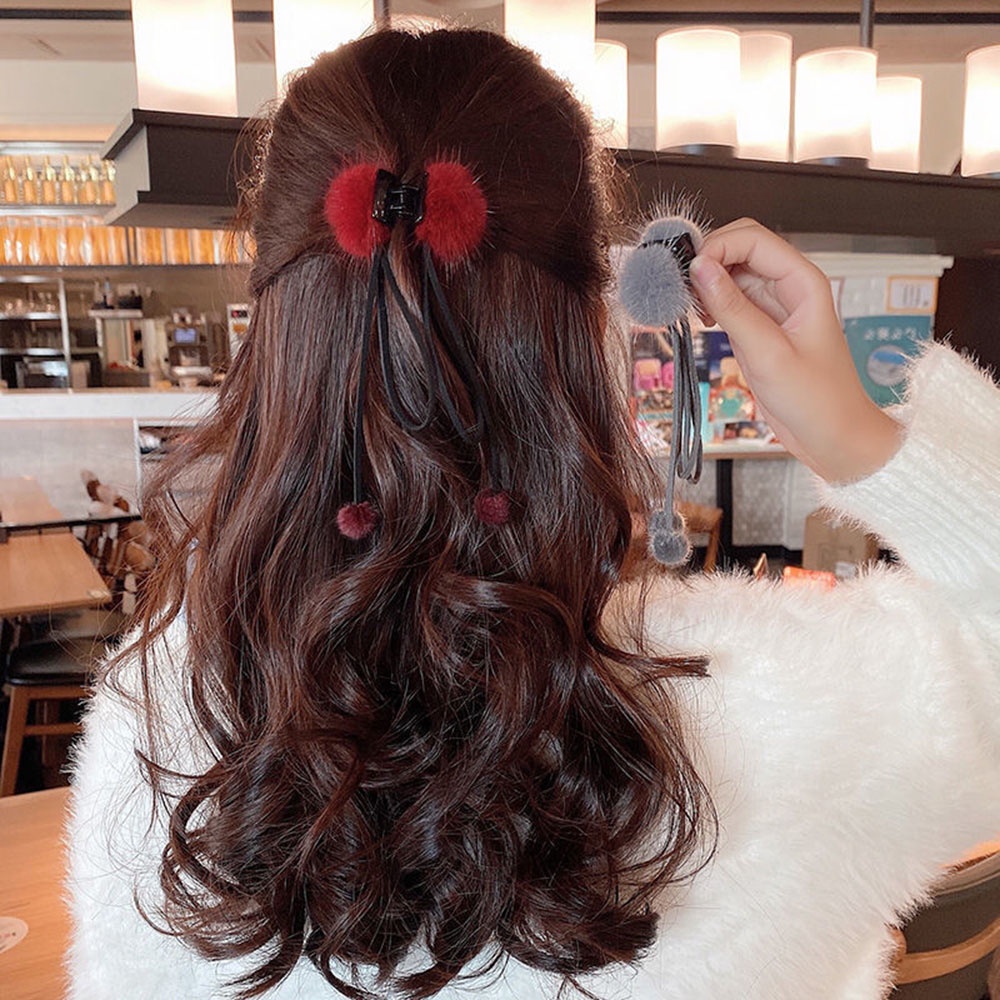 Kẹp Tóc Nơ Phối Lông Tua Rua Phong Cách retro Thời Trang Cho Nữ