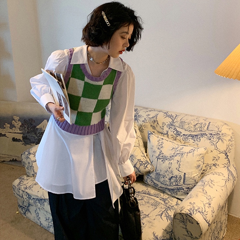 Xiaozhainv Áo dệt kim không tay họa tiết kẻ caro thời trang Hàn Quốc xinh xắn cho nữ | BigBuy360 - bigbuy360.vn