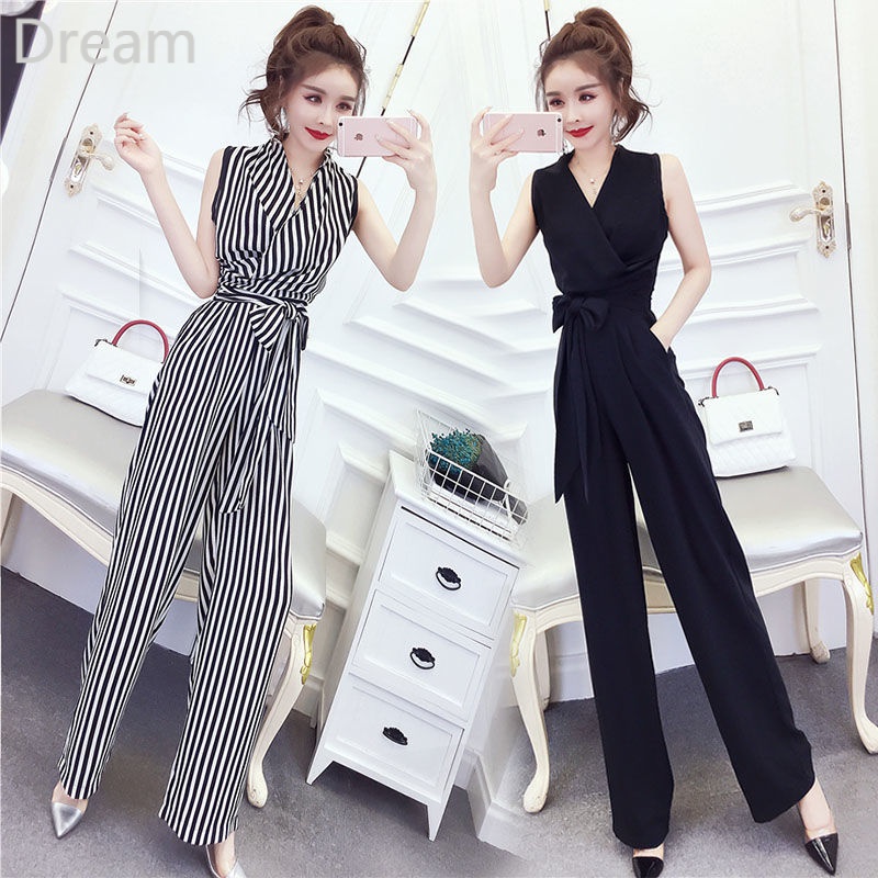 Fashion Sleeveless High Waist Style Striped Chiffon Wide Leg Jumpsuit