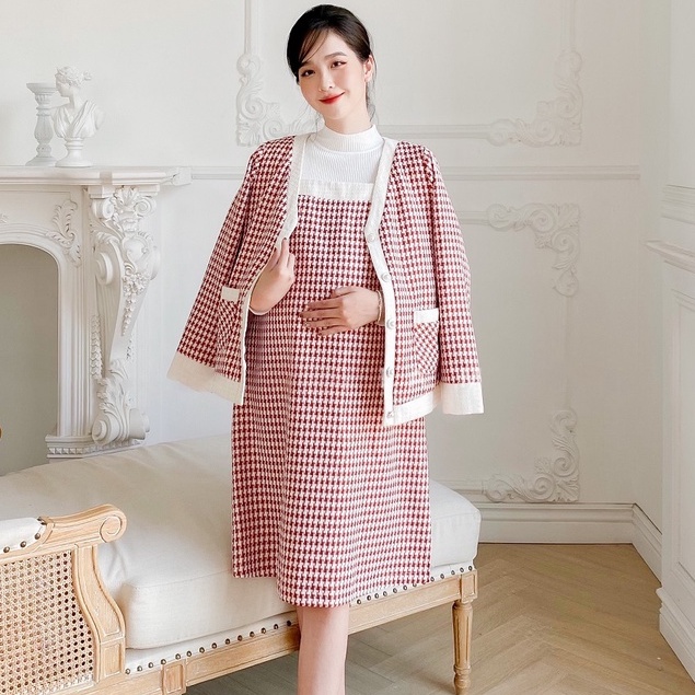 MEDYLA - Đầm bầu yếm công sở dạ tweed thu đông kèm áo len co dãn áo khoác dạ tweed cực sang