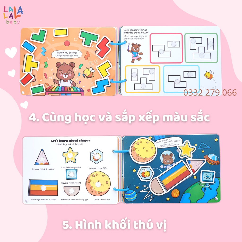 Học liệu bóc dán montessori SONG NGỮ ANH VIỆT busy book cho bé Lalala Baby, đồ chơi Beezi Book tặng decal khủng long