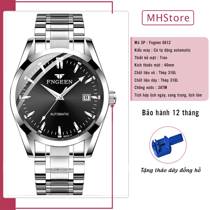 Đồng hồ cơ nam Fngeen 6612 automatic, cơ tự động dây thép không gỉ, đẹp chính hãng