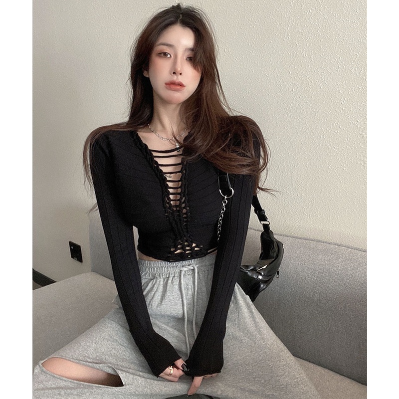 Áo dệt kim tay dài thiết kế cổ chữ v phong cách gợi cảm