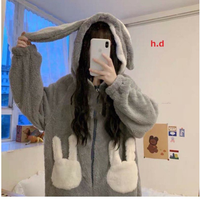 Bộ Ngủ NỮ lông Tai Thỏ Túi Trắng khoá liền💜Lông cừu dày mịn,giữ nhiệt tốt💜bộ thu đông mặc nhà | BigBuy360 - bigbuy360.vn