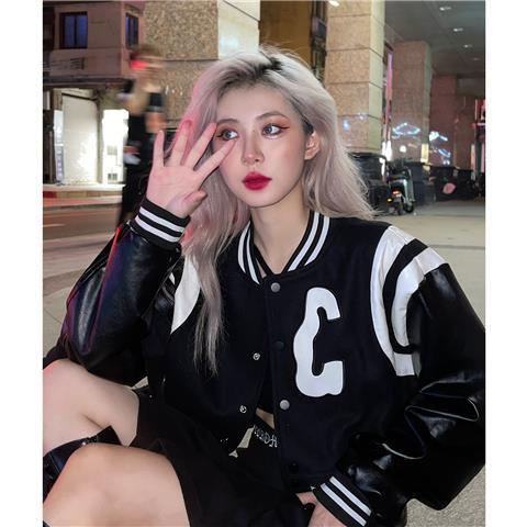 COZOK Áo khoác bóng chày tay dài dáng rộng in chữ