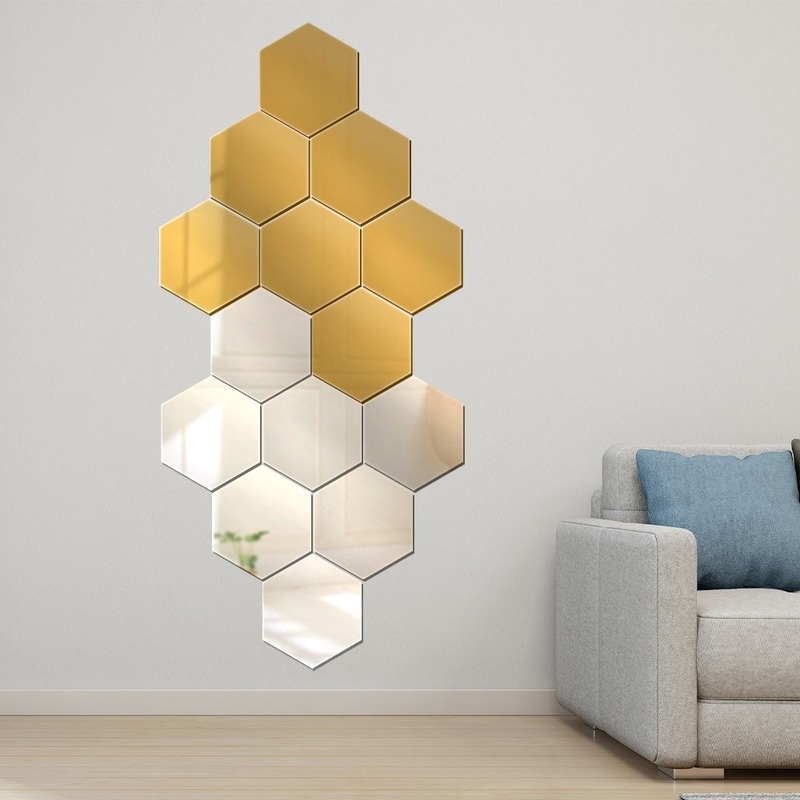 Miếng Dán Tường Trang Trí Nội Thất Phòng Khách Hình Lục Giác Bằng Acrylic Tráng Gương Màu Vàng/Bạc Có 2 Kích Cỡ