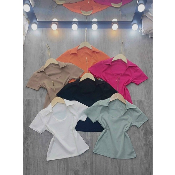 Áo thun body nữ kiểu cổ bẻ cổ U dáng ngắn