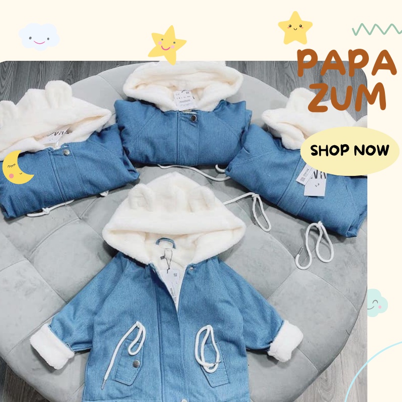 Áo khoác phao cho bé trai bé gái jean bò lót lông tai gấu siêu ấm PAPAZUM AQ55522G