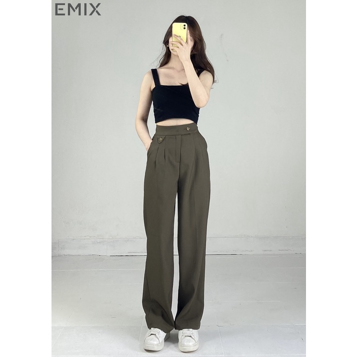Quần suông cạp túi tam giác EMIX (4 màu), khóa cúc, dáng suông dài, form rộng, cạp cao, khóa giữa, chất ruby 255