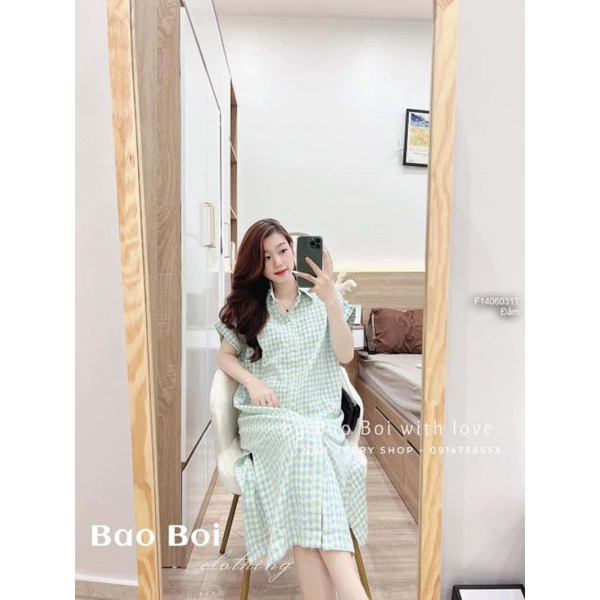 Đầm suông caro cổ sơ mi tay ngắn 1403