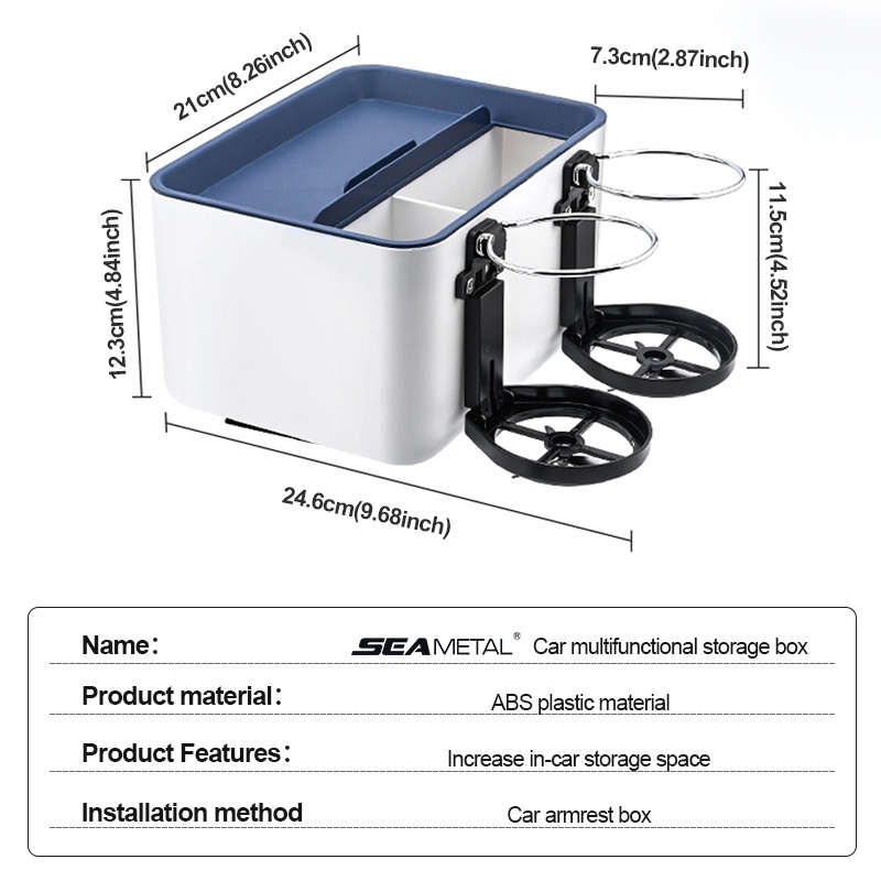 Hộp đựng khăn giấy SEAMETAL đa năng kèm 2 khay đựng cốc nước tiện dụng cho xe ô tô