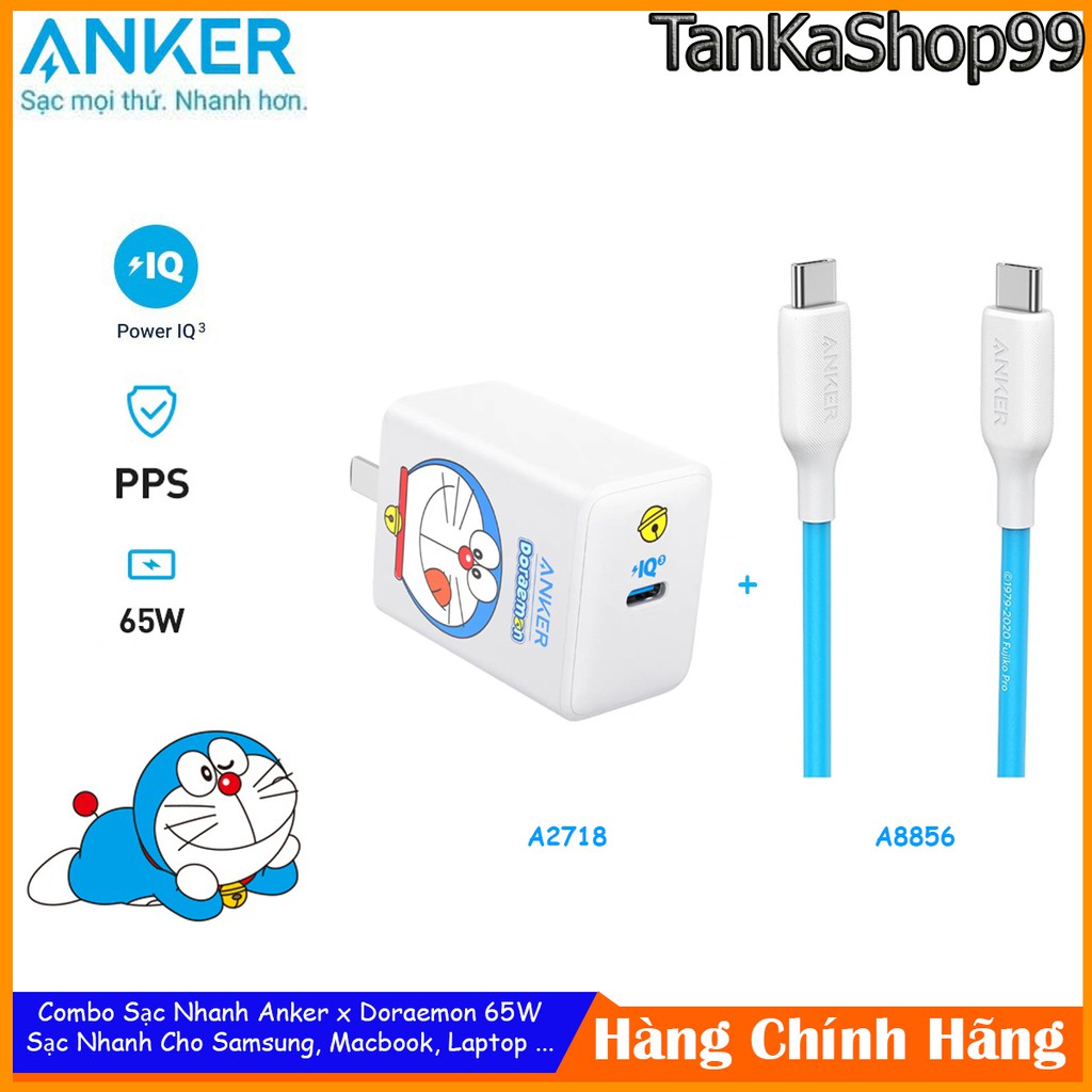 Combo Sạc Nhanh Anker x Doraemon 65W Usb-C A2718 + A8856, Sạc Nhanh Cho Điện Thoại, Macbook, Laptop, Samsung