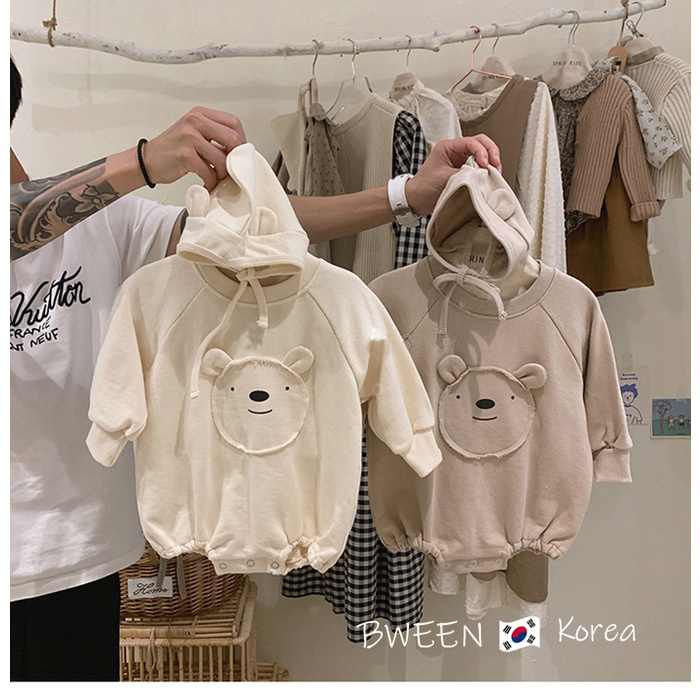 Bộ đồ áo liền quần cho bé trai và bé gái dài tay họa tiết gấu có mũ 0-24 tháng