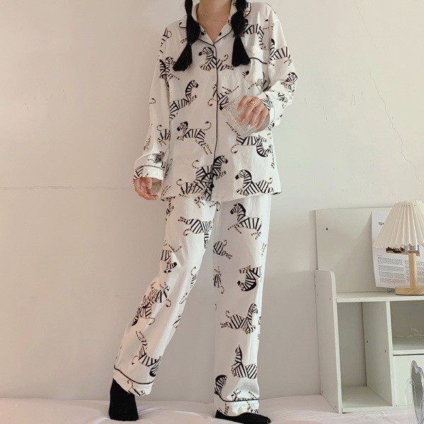 Bộ ngủ pijama dài tay thu đông ngựa vằn vải cotton