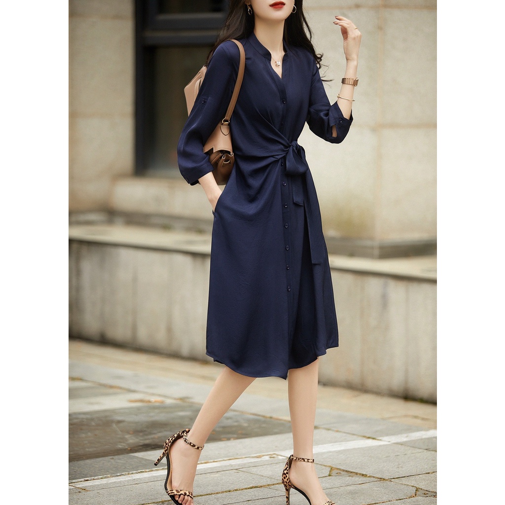 Đầm công sở màu xanh than thắt nơ eo thanh lịch - Talia Dress - Helen Boutique