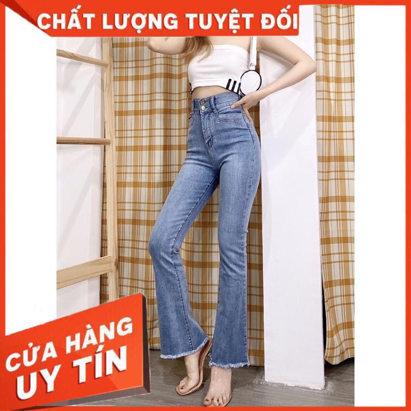 QUẦN JEANS DÀI ỐNG LOE NHẸ CO GIÃN LƯNG CAO 2 Nút- ảnh thật toàn bộ