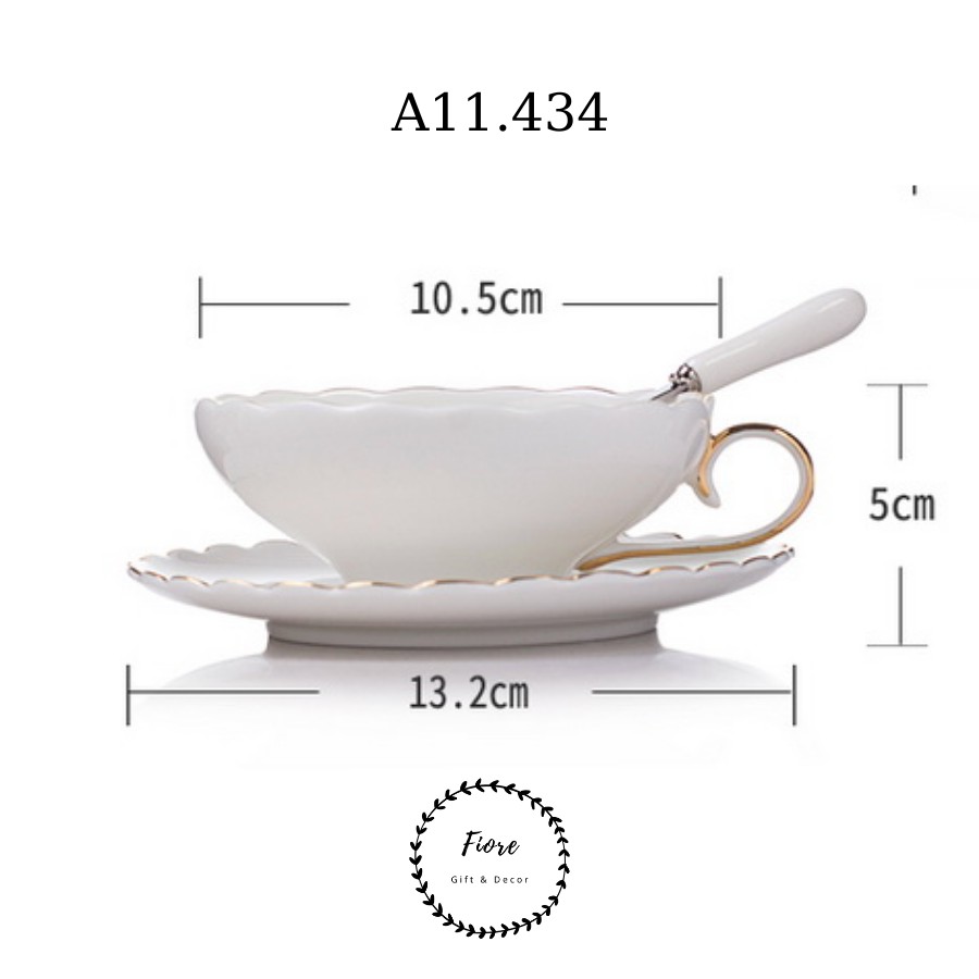 Tách trà chiều kiểu Anh miệng hoa viền vàng - bộ cốc kèm đĩa sứ xương, đồ uống trà - cafe cao cấp - mã A11.434