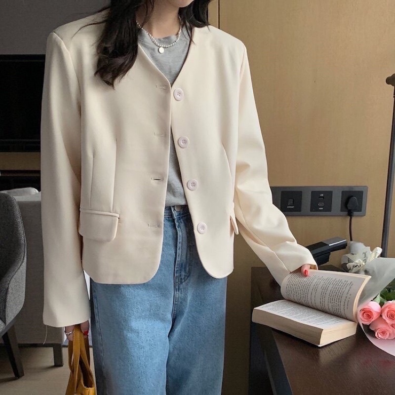 Áo khoác áo blazer dáng ngắn không cổ màu pastel thời trang nữ phong cách Hàn Quốc
