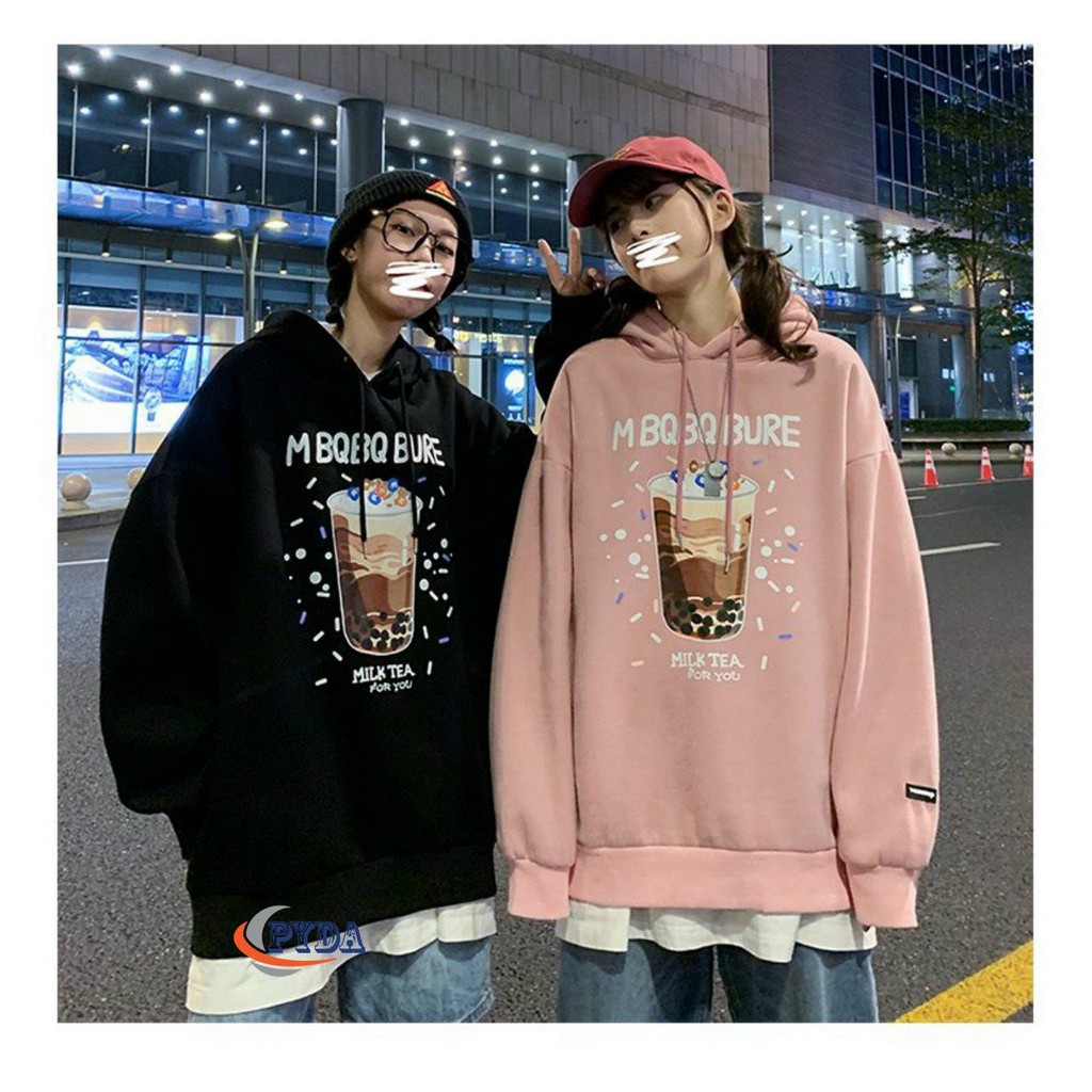 Áo Khoác Hoodie Nỉ Bông In Hình Trà Sữa Form rộng Unisex Nam Nữ Couple đều mặc được