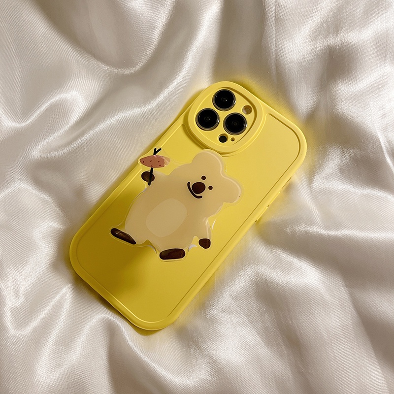 Ốp Điện Thoại Màu Vàng Tươi Tắn Có Giá Đỡ Hình Gấu Cho IPhone 14 13 12 11 Pro Max X XS XR XS Max 6 6 S7 8 Plus