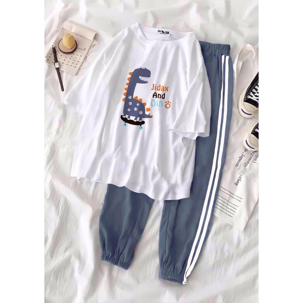 Set Jogger Line Phối Thun Unisex Jidax And Dino, Set quần thể thao sọc phối áo phông in hình dễ thương - S18. | BigBuy360 - bigbuy360.vn