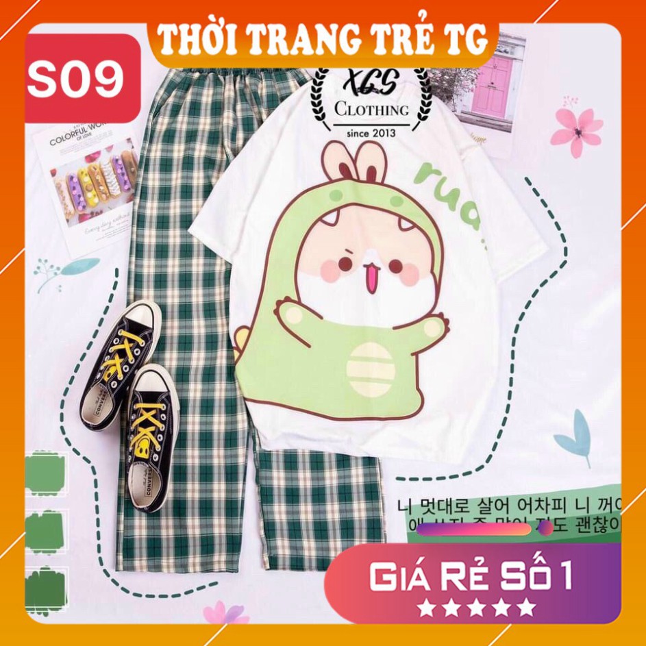 Đồ bộ nữ 𝑭𝒓𝒆𝒆𝒔𝒉𝒊𝒑 Set Đồ Bộ Quần Sọc Caro Ống Rộng S09 Tiểu Khủng Long  Freesize Form Rộng Cực Thoáng Mát