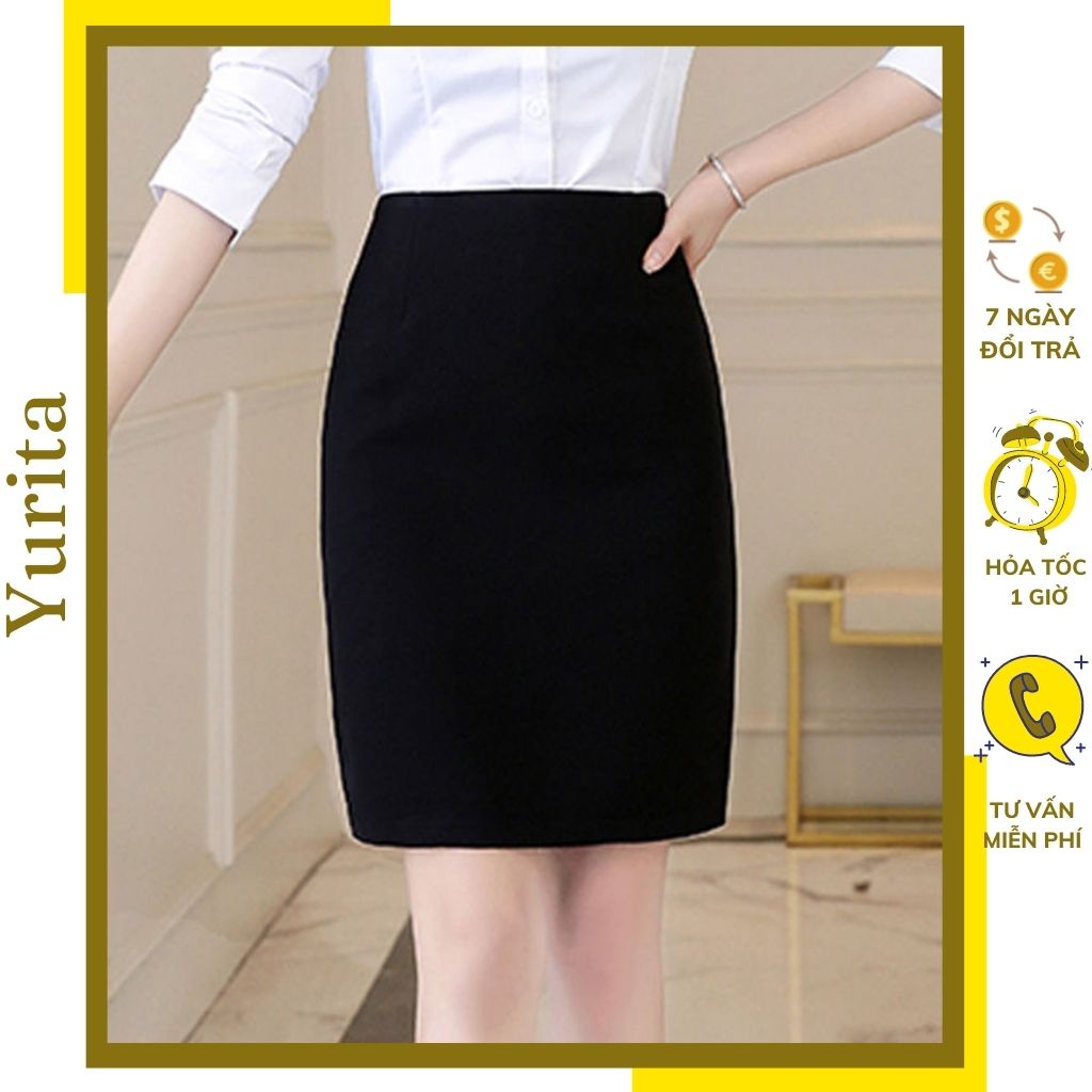 Chân Váy Công Sở Bút Chì Ngắn Cao Cấp YURITA Ôm Body Cạp Cao Lưng Thun Màu Đen Chất Vải Umi Co Giãn 4 chiều 38cm