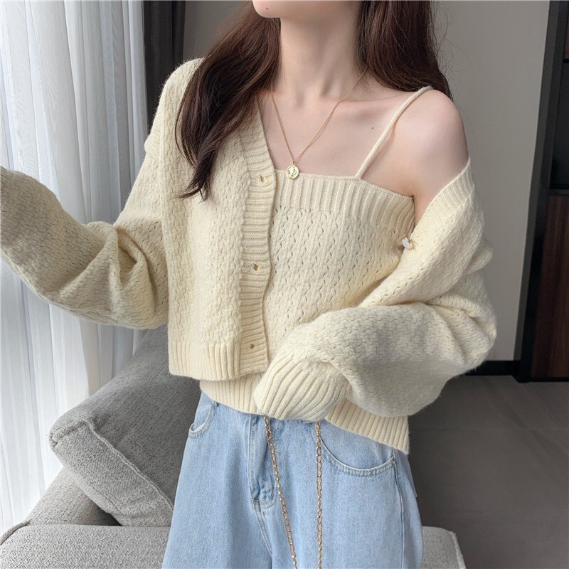 Sét Áo Khoác Cardigan Phối Áo Hai Dây Cho Nữ Thu Đông 2021 (Ảnh Thật Ở Cuối)