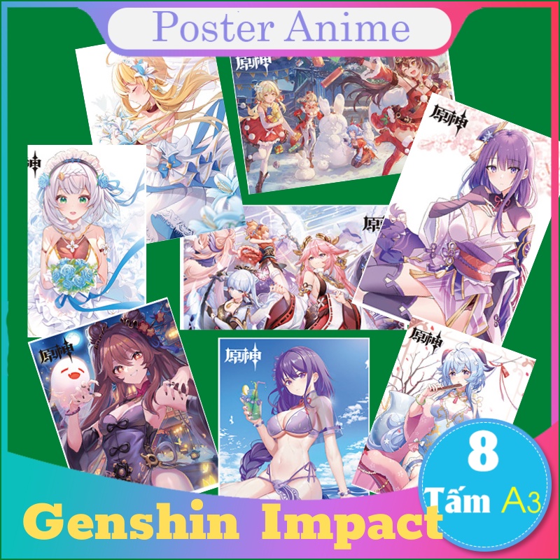 Combo 8 tấm poster Genshin Impact anime kích thước A3 giấy xịn HuTao Raiden Shogun Yae miko nahida diluc