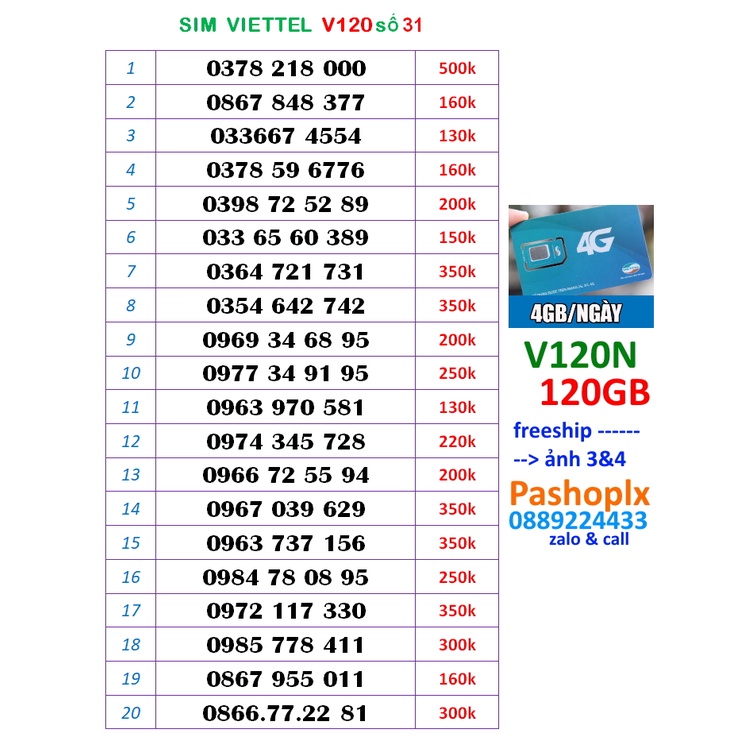 Sim viettel V120N số đẹp 31 (120k = 120gb 4g, gọi viettel free, 50′ ngoại mạng)