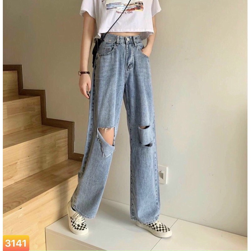 Baggy Jeans Ống Suông Túi Nắp Rách 3 Line