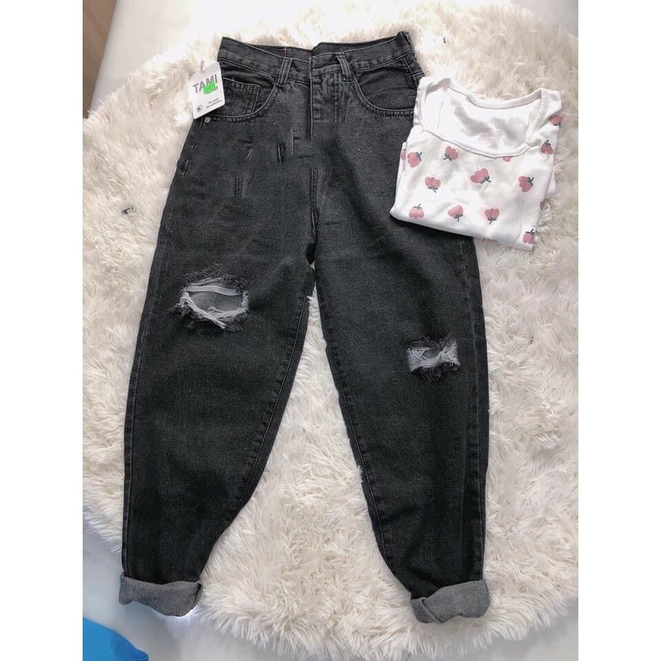 Quần Baggy Jean Rách, Lưng Cao Màu Đen Cực Cá Tính 454