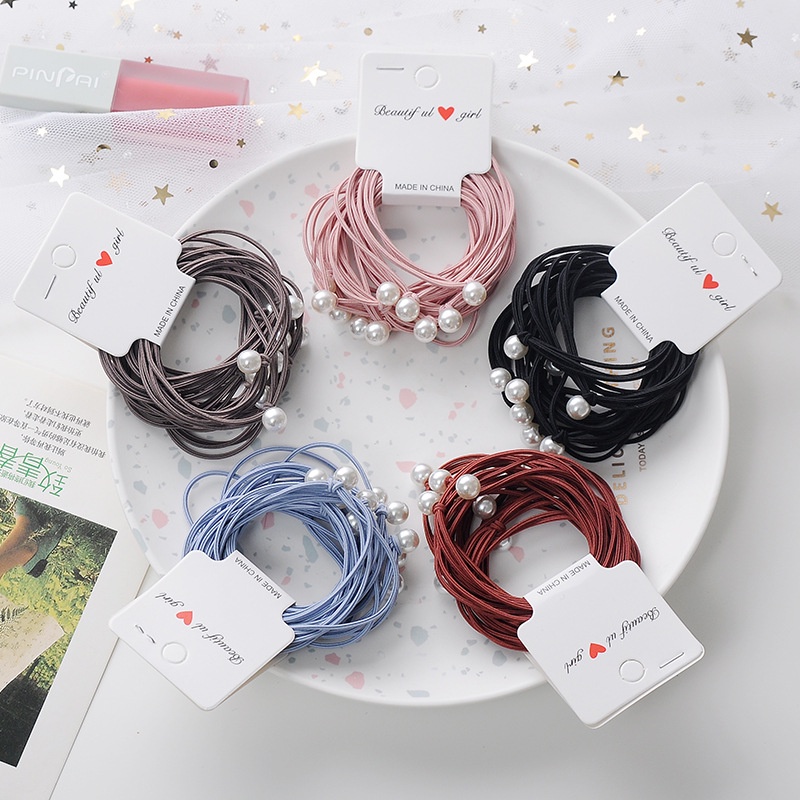 Set 10 Dây Buộc Tóc Co Giãn Đính Ngọc Trai Đơn Giản Sáng Tạo Cho Nữ